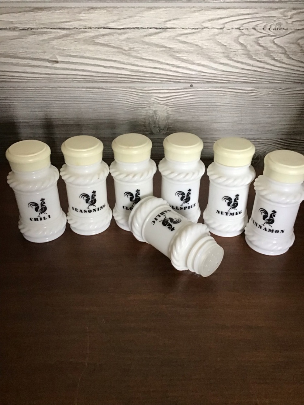 Vintage Hazel Atlas Milk Glass Spice Jars Set with Rooster design